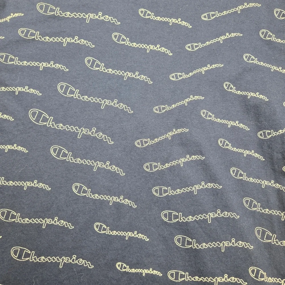 Champion Mens Navy Blue All Over Script Logo Print T-Shirt Medium Crewneck Tee - Picture 9 of 9